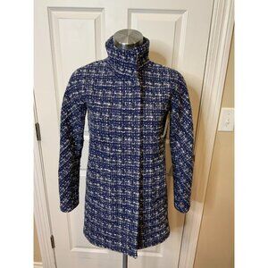 J.Crew Blue White Wool Tweed Full Zip Cocoon City Coat, Size 00